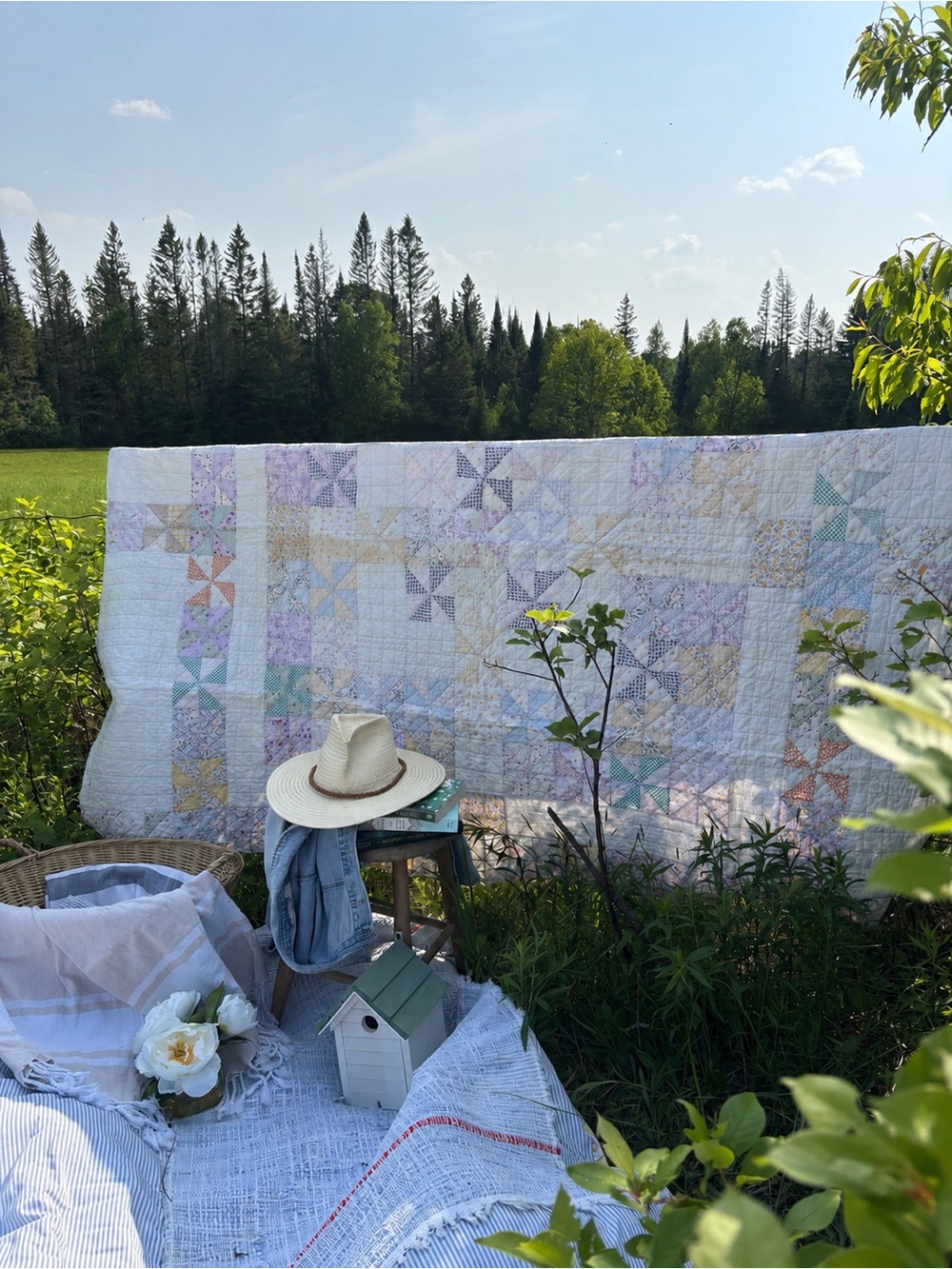 Antique Handmade Pastel Pinwheel Quilt - White and Pastel Colors